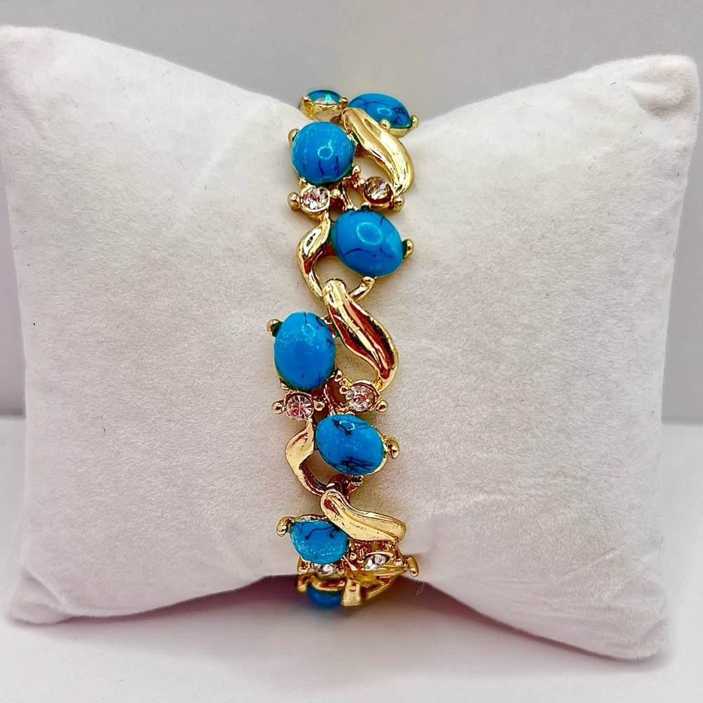 Vintage Gold Tone Turquoise Bracelet Statement Link Rhinestone Accent